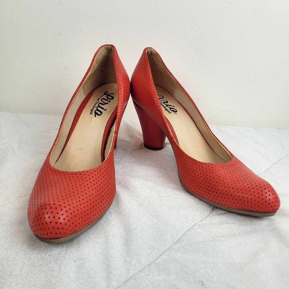 Lirio Portugal Perforated Leather Almond Toe Cone Heels Coral Orange Pinup 8